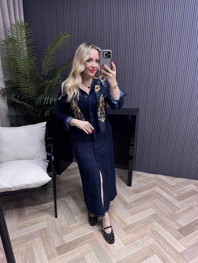 Belden Oturan Koyu Mavi Denim Elbise