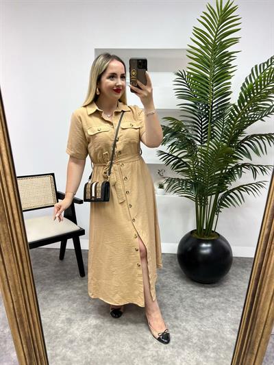 Beli Lastikli Düğmeli Keten Elbise Camel
