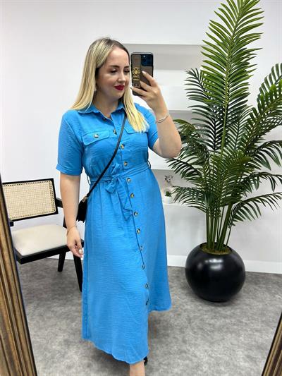 Beli Lastikli Düğmeli Keten Elbise Turkuaz