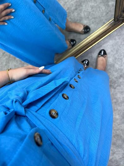 Beli Lastikli Düğmeli Keten Elbise Turkuaz