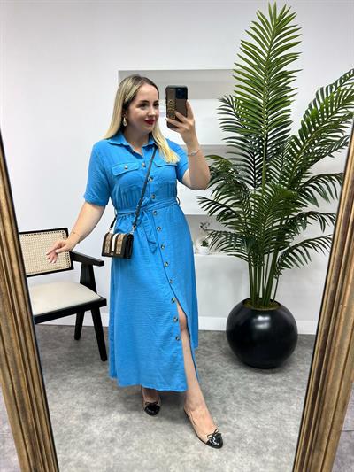 Beli Lastikli Düğmeli Keten Elbise Turkuaz