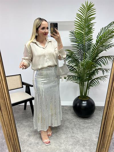 Beli Lastikli Gümüş Payet Etek