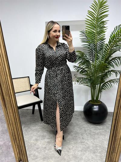 Beli Lastikli İpek Saten Siyah Puantiye Elbise