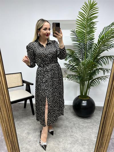 Beli Lastikli İpek Saten Siyah Puantiye Elbise