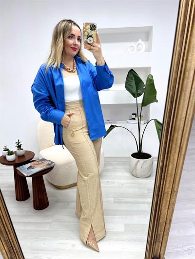 Beli Lastikli İthal Orj Marka Simli Bej Pantolon