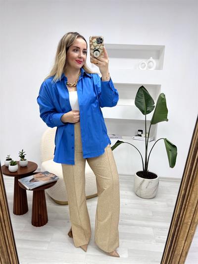 Beli Lastikli İthal Orj Marka Simli Bej Pantolon