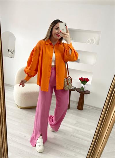 Beli Lastikli Keten Pantolon Pembe