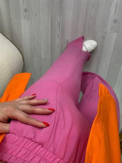 Beli Lastikli Keten Pantolon Pembe