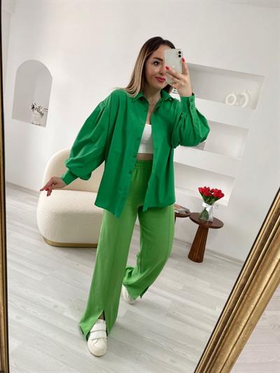 Beli Lastikli Keten Pantolon Yeşil