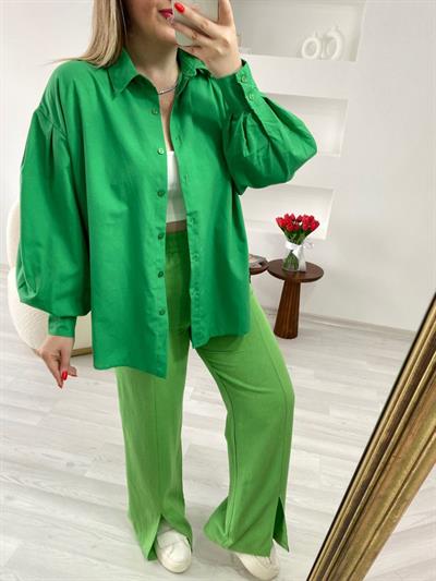 Beli Lastikli Keten Pantolon Yeşil