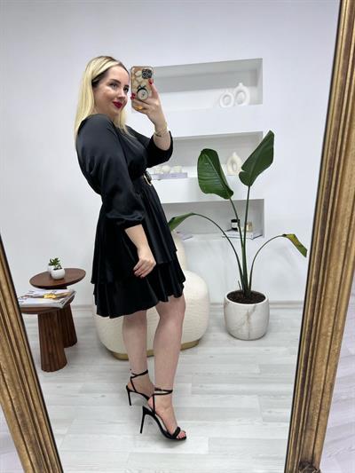 Beli Lastikli Kisa Saten Elbise Siyah