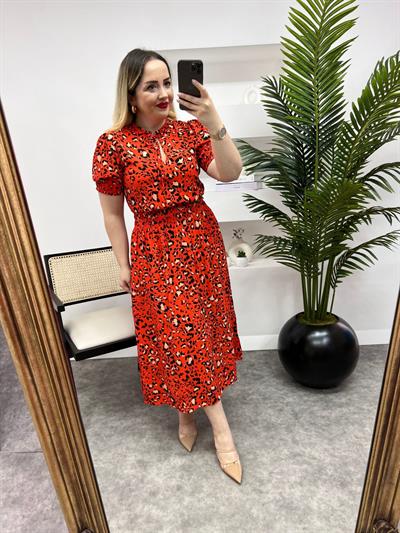 Beli Lastikli Orange Leopar Elbise