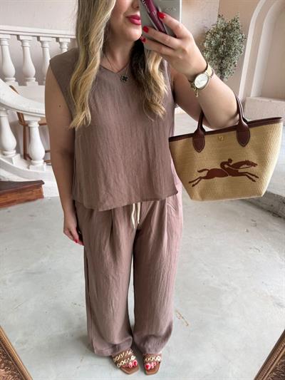 Beli Lastıklı Palazzo Pantolonlu Keten Takım Kahve