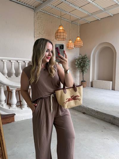 Beli Lastıklı Palazzo Pantolonlu Keten Takım Kahve