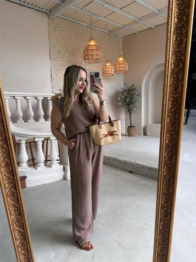 Beli Lastıklı Palazzo Pantolonlu Keten Takım Kahve