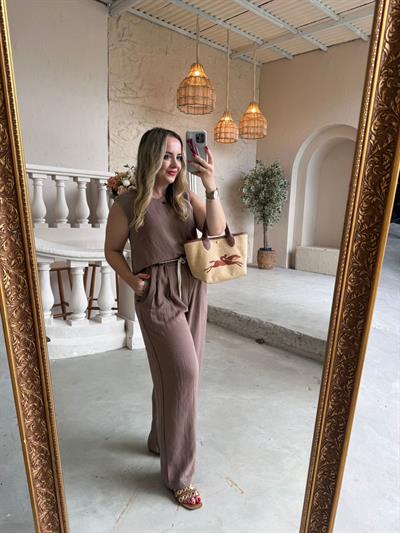 Beli Lastıklı Palazzo Pantolonlu Keten Takım Kahve