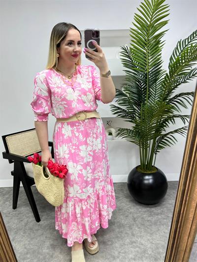 Beli Lastikli Pembe Desenli Rose Elbise