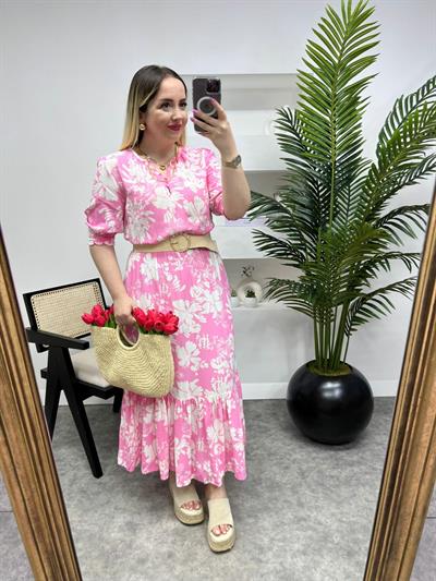 Beli Lastikli Pembe Desenli Rose Elbise