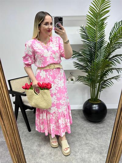 Beli Lastikli Pembe Desenli Rose Elbise