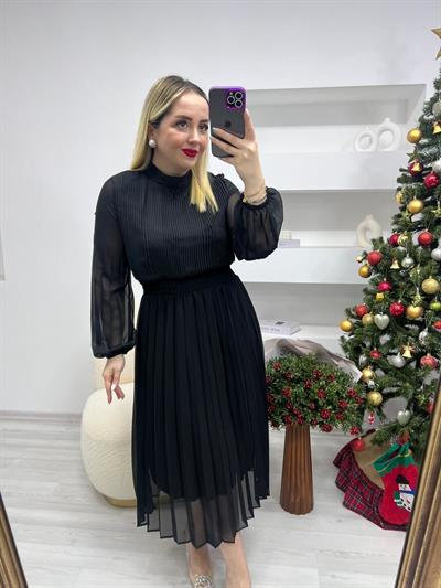 Beli Lastikli Piliseli Siyah  Şifon Elbise