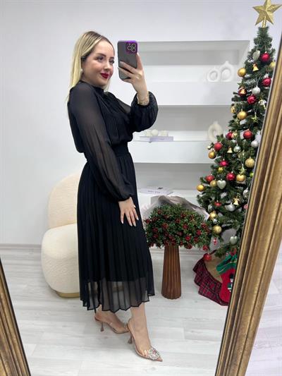 Beli Lastikli Piliseli Siyah  Şifon Elbise