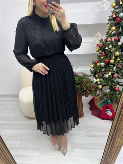 Beli Lastikli Piliseli Siyah  Şifon Elbise