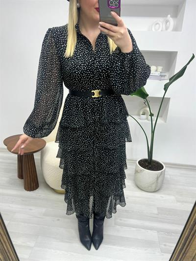 Beli Lastikli Puantiye Kat Kat Şifon Elbise