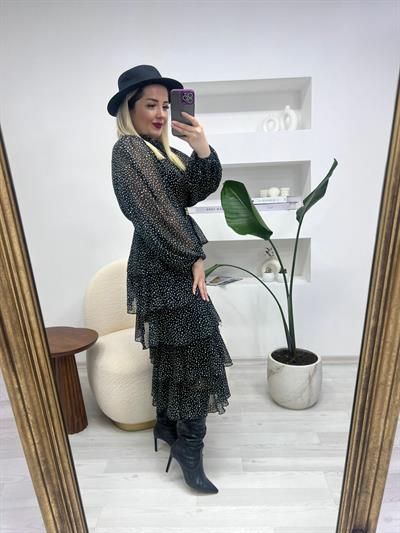 Beli Lastikli Puantiye Kat Kat Şifon Elbise