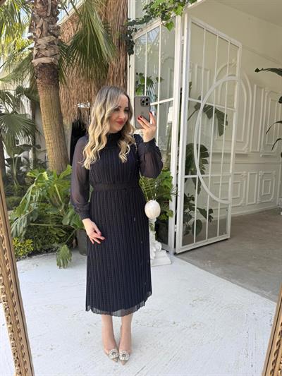 Beli Lastikli Puantiye Siyah Elbise