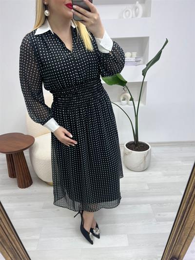 Beli Lastikli Şifon Puantiye Elbise
