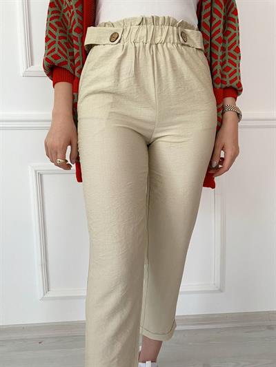 Beli Lastikli Taş Rengi Keten Pantolon