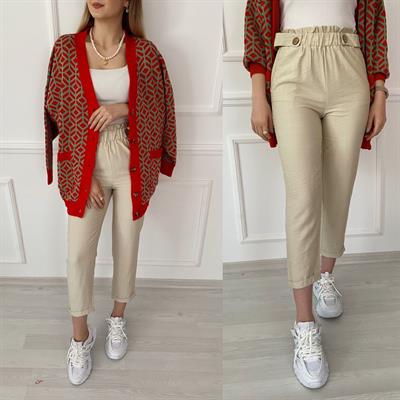 Beli Lastikli Taş Rengi Keten Pantolon