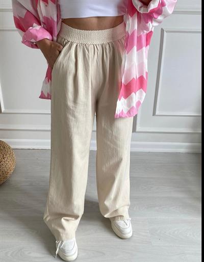 Beli Lastikli Taş Renk Keten Palazzo Pantolon