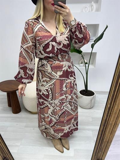 Beli Lastikli Vintage Bordo Desenli Şifon Elbise