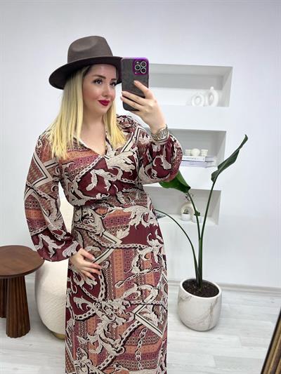 Beli Lastikli Vintage Bordo Desenli Şifon Elbise
