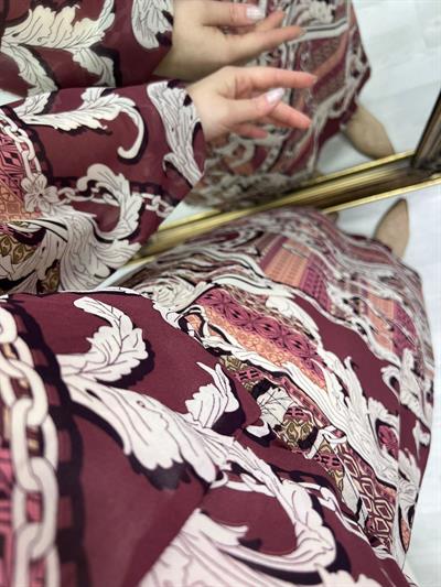 Beli Lastikli Vintage Bordo Desenli Şifon Elbise