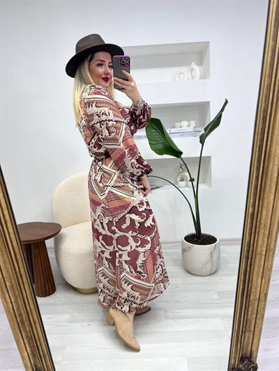 Beli Lastikli Vintage Bordo Desenli Şifon Elbise