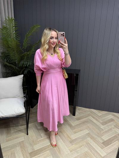 Belina Bel Detaylı Yarasa Kol Tasarım Elbise Pembe