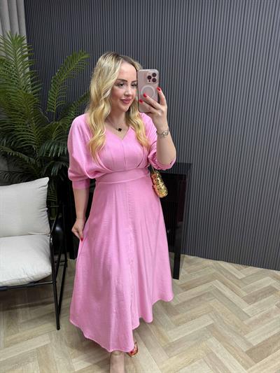 Belina Bel Detaylı Yarasa Kol Tasarım Elbise Pembe
