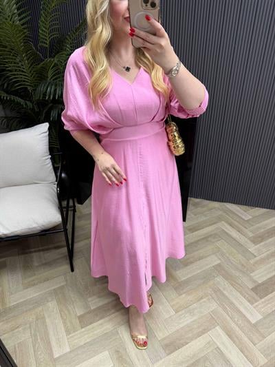 Belina Bel Detaylı Yarasa Kol Tasarım Elbise Pembe