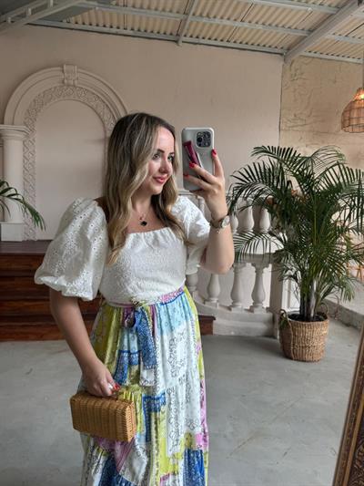 Belinay Fisto Balon Kol Detaylı Elbise Mavi Desenli