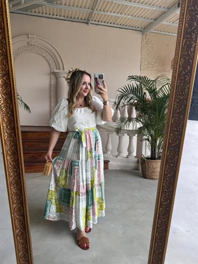 Belinay Fisto Balon Kol Detaylı Elbise Yeşil Desenli