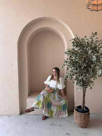 Belinay Fisto Balon Kol Detaylı Elbise Yeşil Desenli