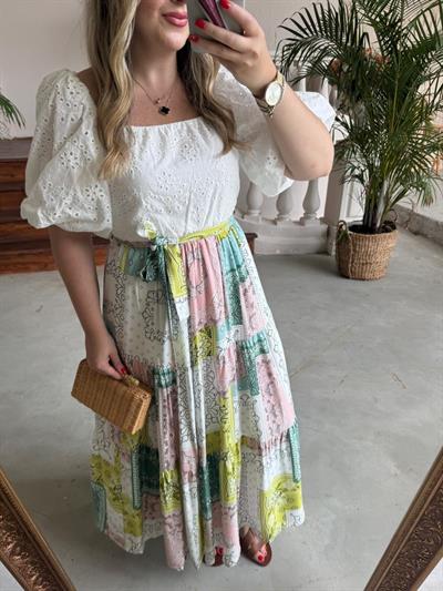 Belinay Fisto Balon Kol Detaylı Elbise Yeşil Desenli