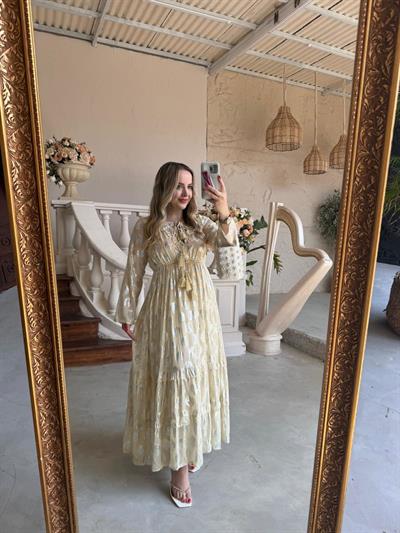 Belis İthal Özel Tasarım Uzun Elbise Ekru