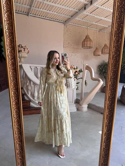 Belis İthal Özel Tasarım Uzun Elbise Ekru