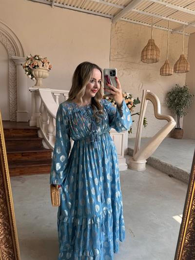 Belis İthal Özel Tasarım Uzun Elbise Mavi