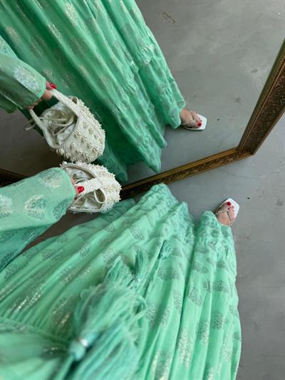 Belis İthal Özel Tasarım Uzun Elbise Mint Yeşil