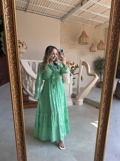 Belis İthal Özel Tasarım Uzun Elbise Mint Yeşil
