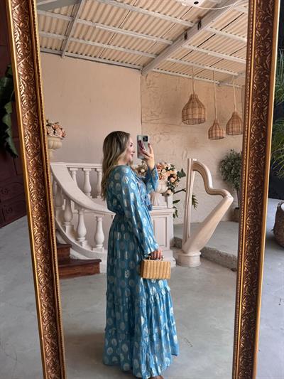 Belis İthal Özel Tasarım Uzun Elbise Mavi